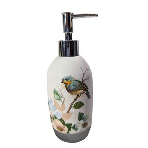 Bluebird Soap Dispenser Bird on Perch Ceramic Plastic Pump Blue White 8 x 3 inch